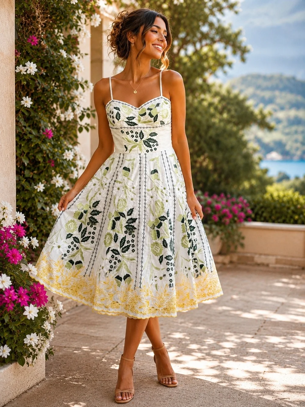 Sue Wong 100% Linen Embroidered Floral Dress Size 8 White Green Yellow